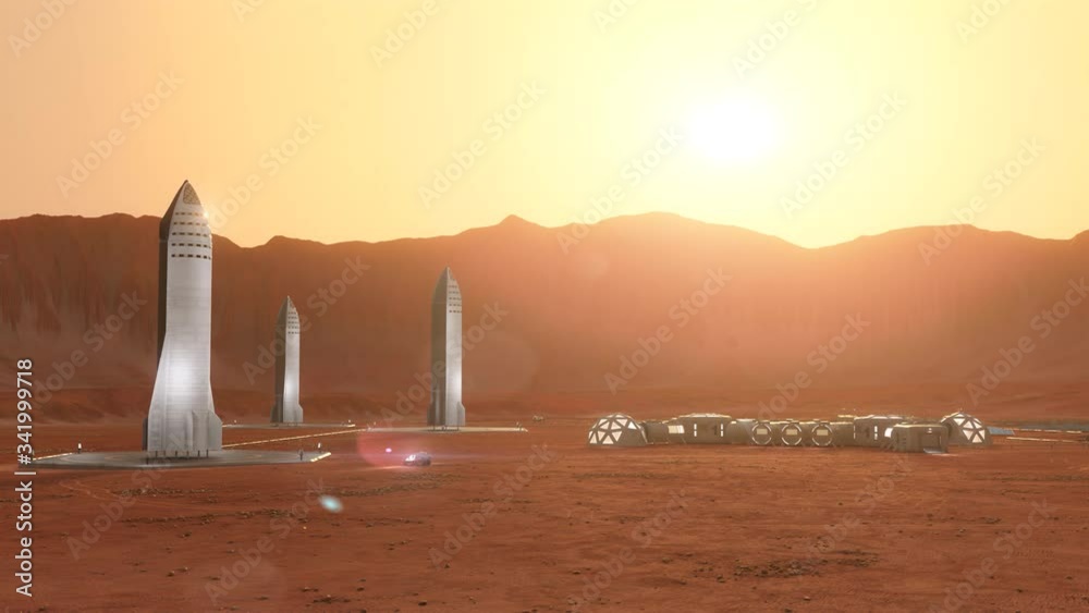 Sunrise at the Martian base and zoom out to Mars planet view. 4K 3d animation.