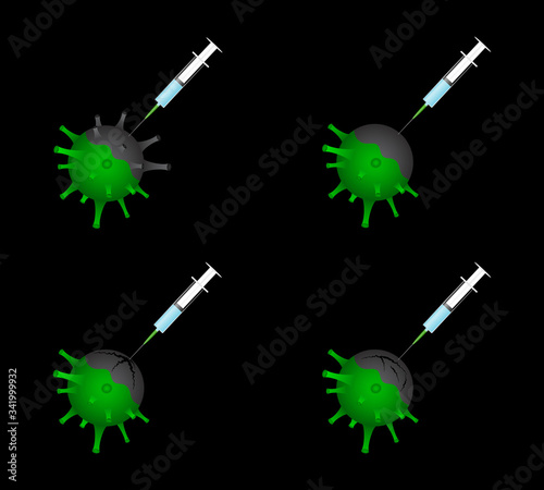 Antiviral drug concept set, isolated black background. The gray part of the green molecule symbolizes the destruction of the virus. Design elements with and without cracks.