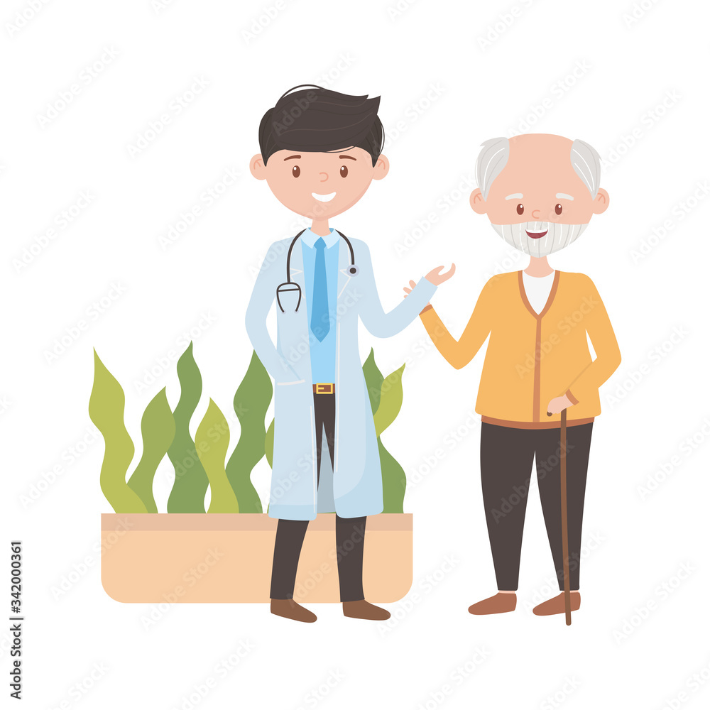 Doctor old man and plant inside pot vector design