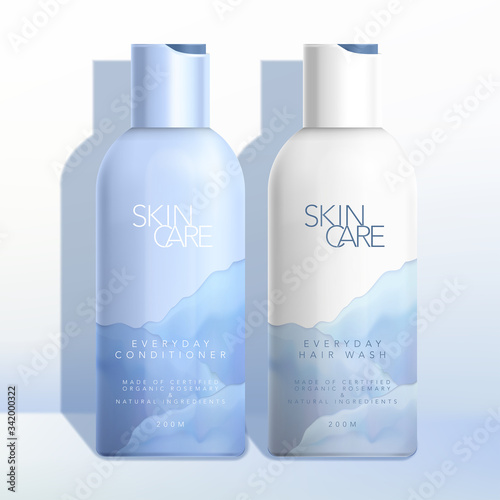 Vector Beauty, Skincare, Cosmetics, Healthcare or Haircare Bottle with Sea / Ocean / Nature Watercolor Design