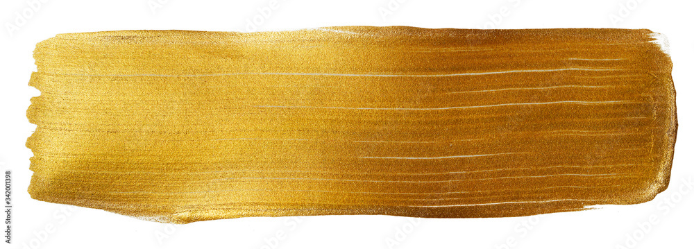 Watercolor stain gold color metallic shiny on a white background.