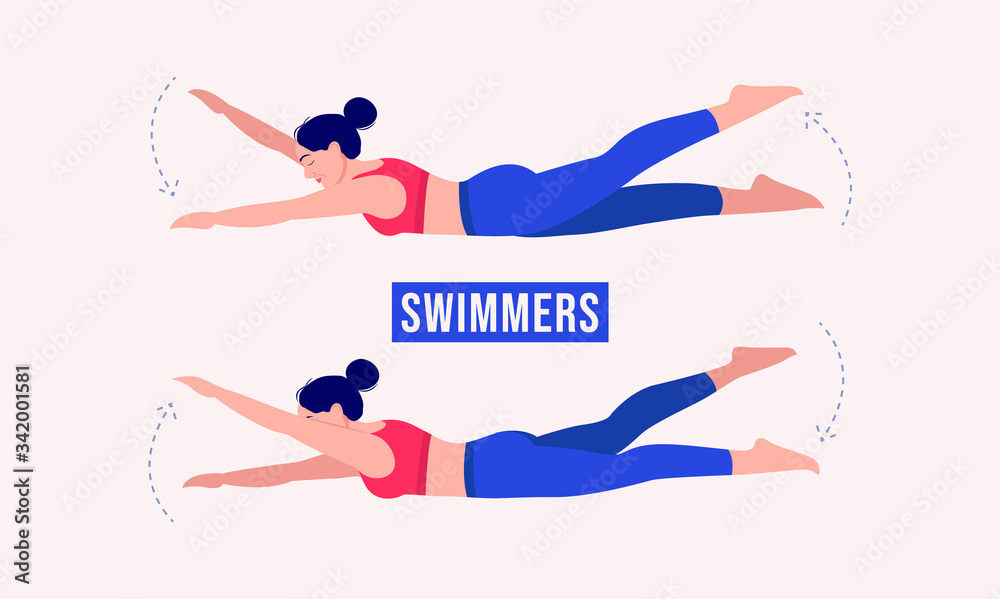 Girl doing Swimmers exercise, Woman workout fitness, aerobic and exercises. Vector Illustration.