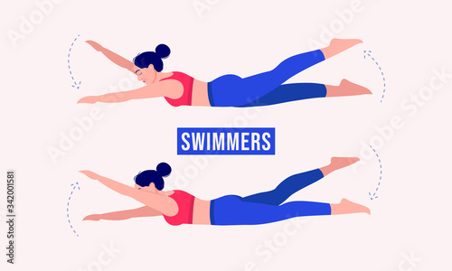 Girl doing Swimmers exercise, Woman workout fitness, aerobic and exercises. Vector Illustration.