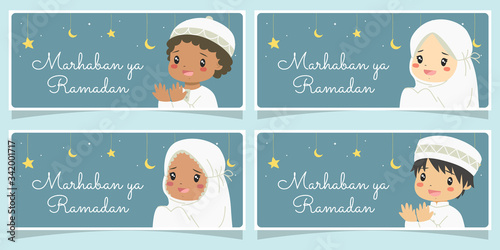 Marhaban ya Ramadan banner, happy muslim kids praying with hanging moon and star background. Printable Eid Al-Fitr muslim celebration banner, greeting card cartoon vector.