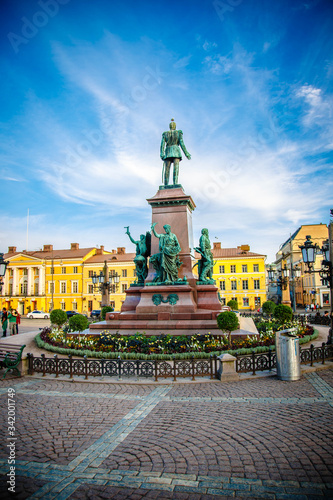 A monument of Alexander II on the Senate square  Senaatintori  in front of the  St. Nicholas Cathedral  Helsinki  Finland. 