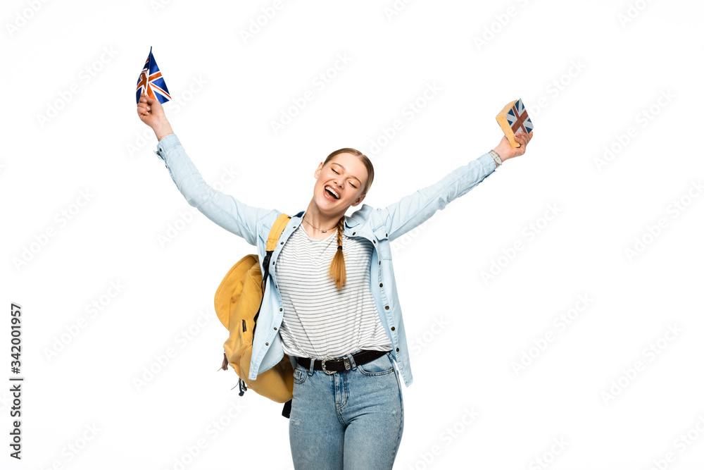 happy student with backpack holding book and British flag isolated on white happy student with backpack holding book and British flag isolated on white