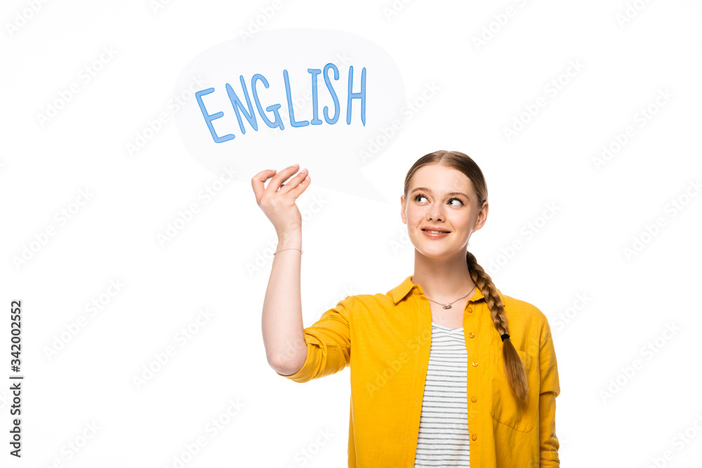 smiling pretty girl with braid holding speech bubble with English lettering isolated on white smiling pretty girl with braid holding speech bubble with English lettering isolated on white