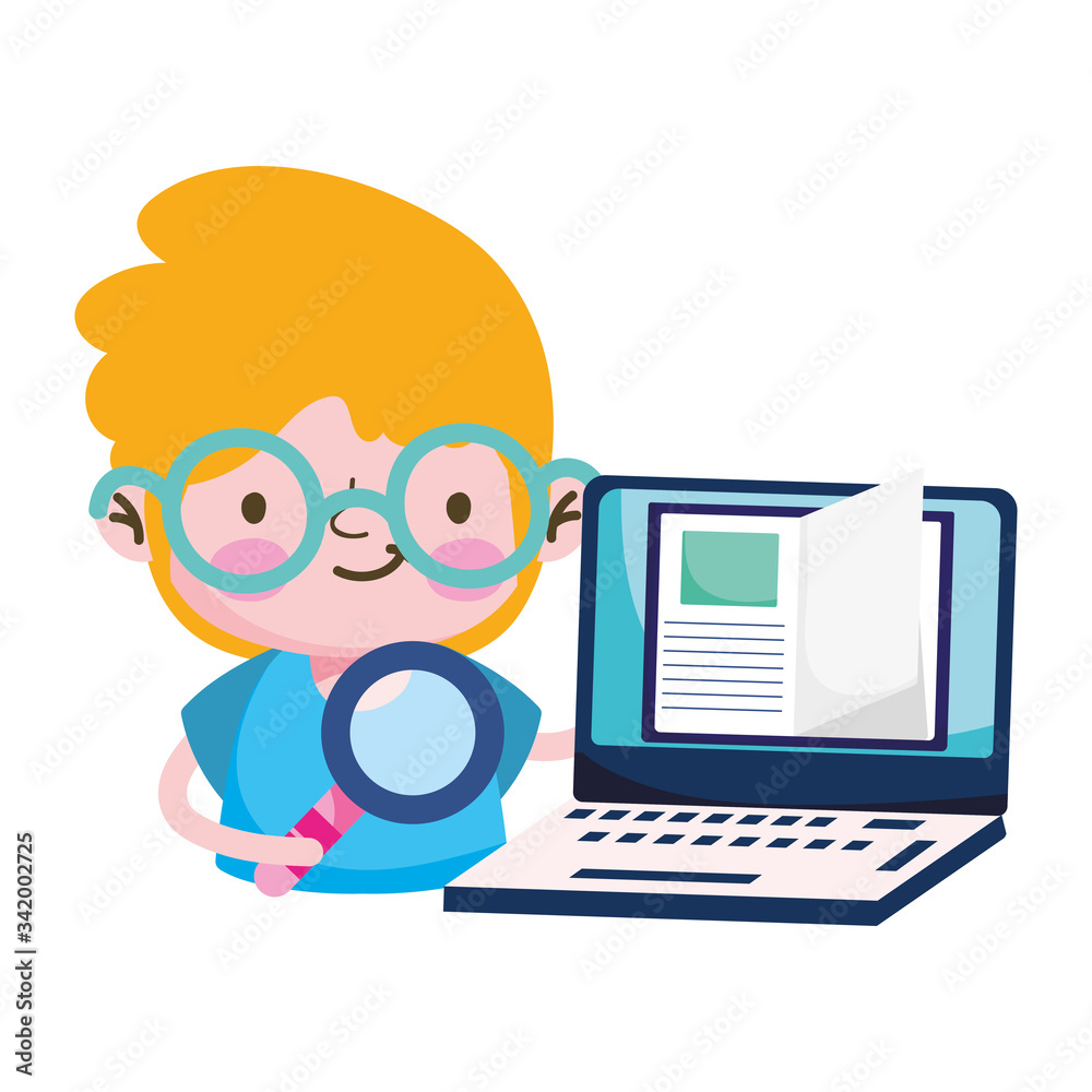 Boy kid book lupe and laptop vector design Boy kid book lupe and laptop vector design