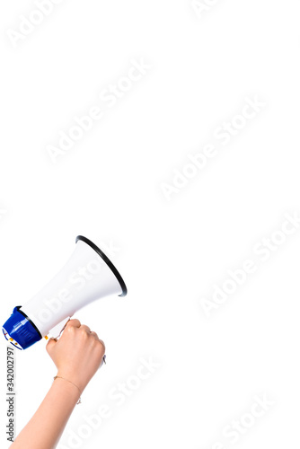 cropped view of girl holding loudspeaker isolated on white