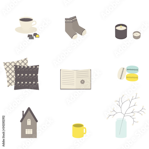 Hygge lifestyle flat icons collection isolated on white background.Danish living concept.