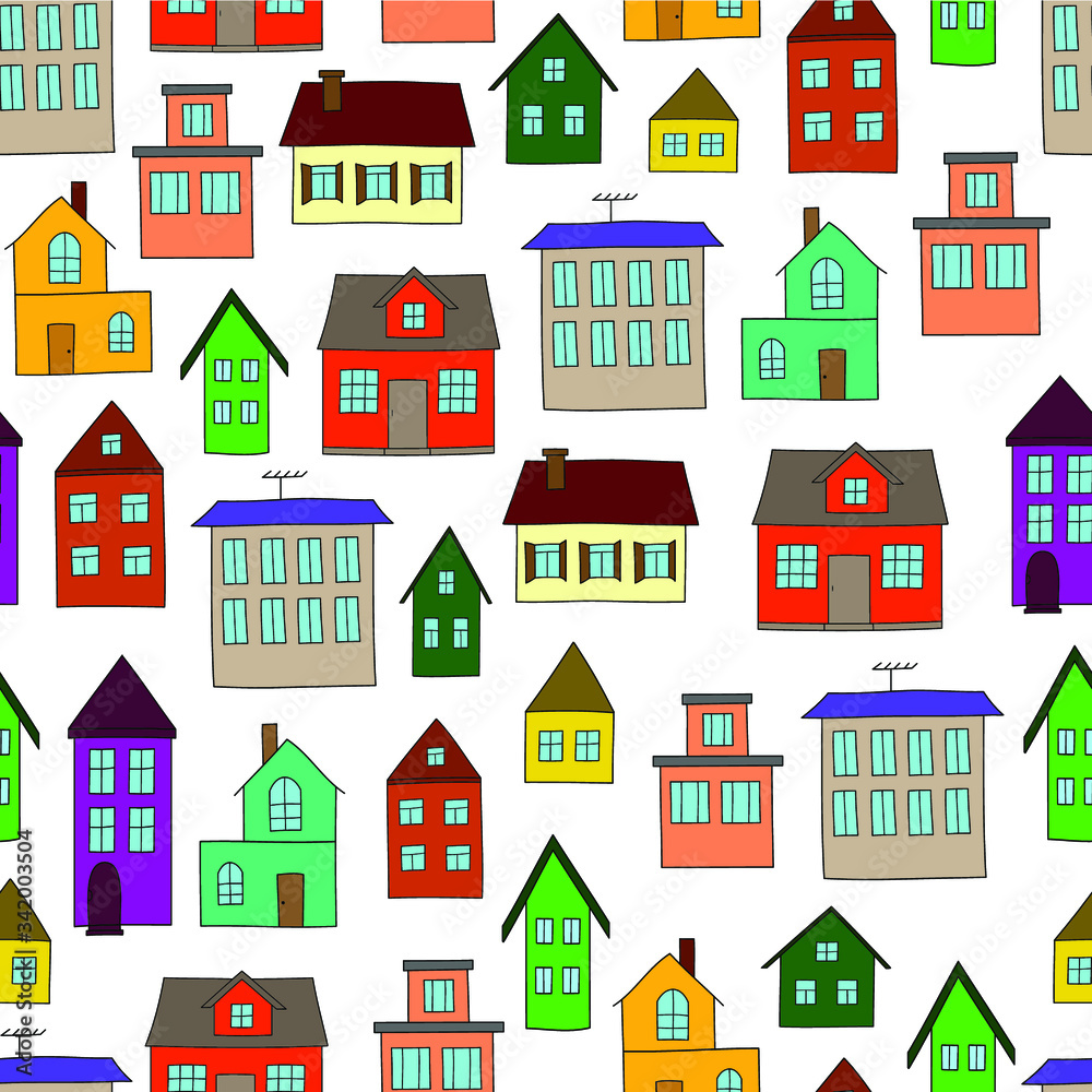 Colorful houses on white background: bright seamless pattern, urban wallpaper print, wrapping texture design. Vector graphics.