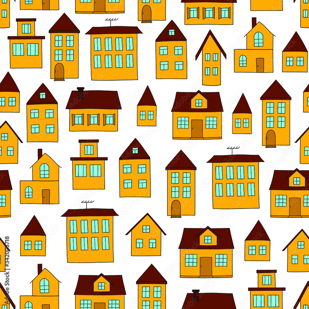 Cute orange houses: bright seamless pattern, urban wallpaper print, wrapping texture design. Vector graphics.
