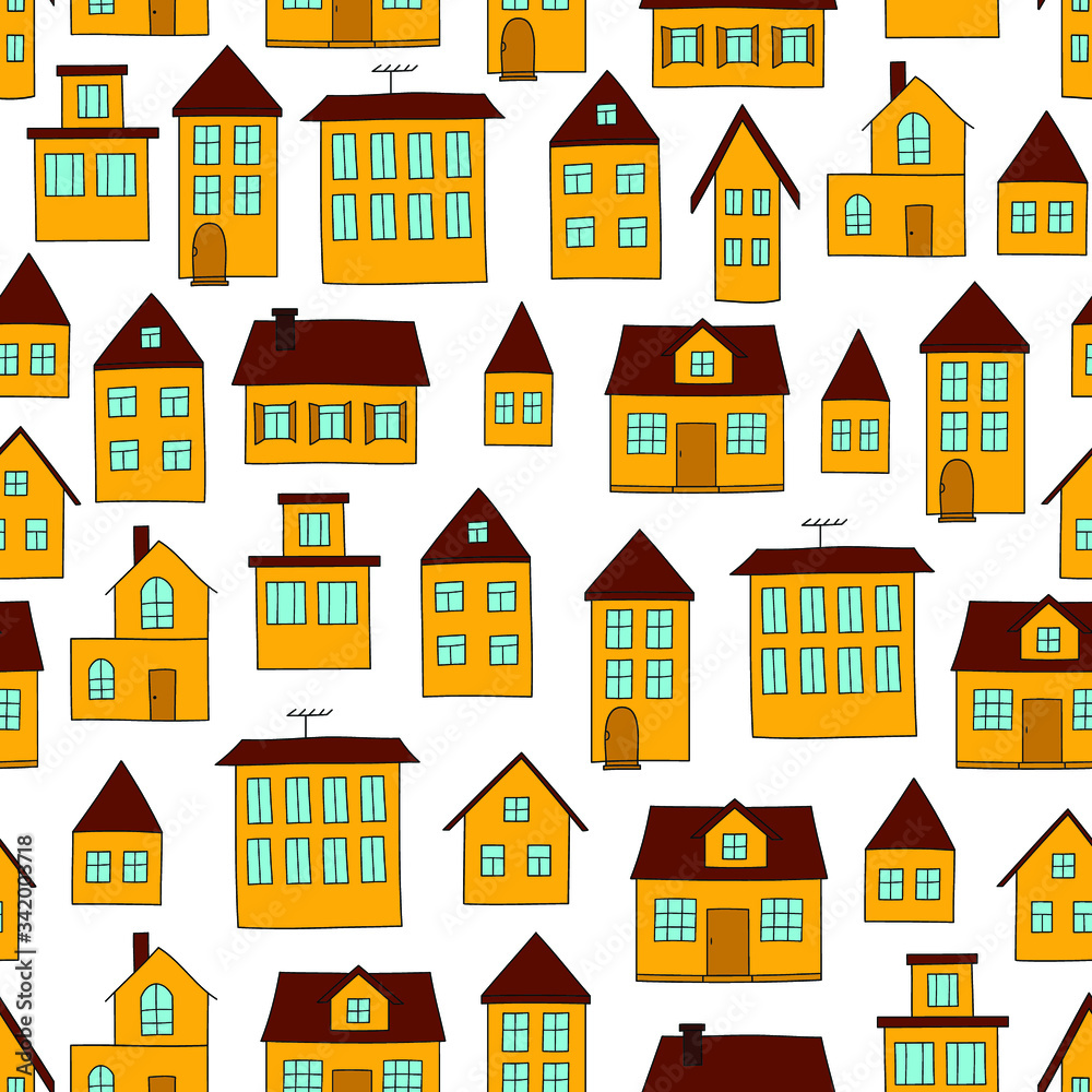 Cute orange houses: bright seamless pattern, urban wallpaper print, wrapping texture design. Vector graphics. Cute orange houses: bright seamless pattern, urban wallpaper print, wrapping texture design. Vector graphics.