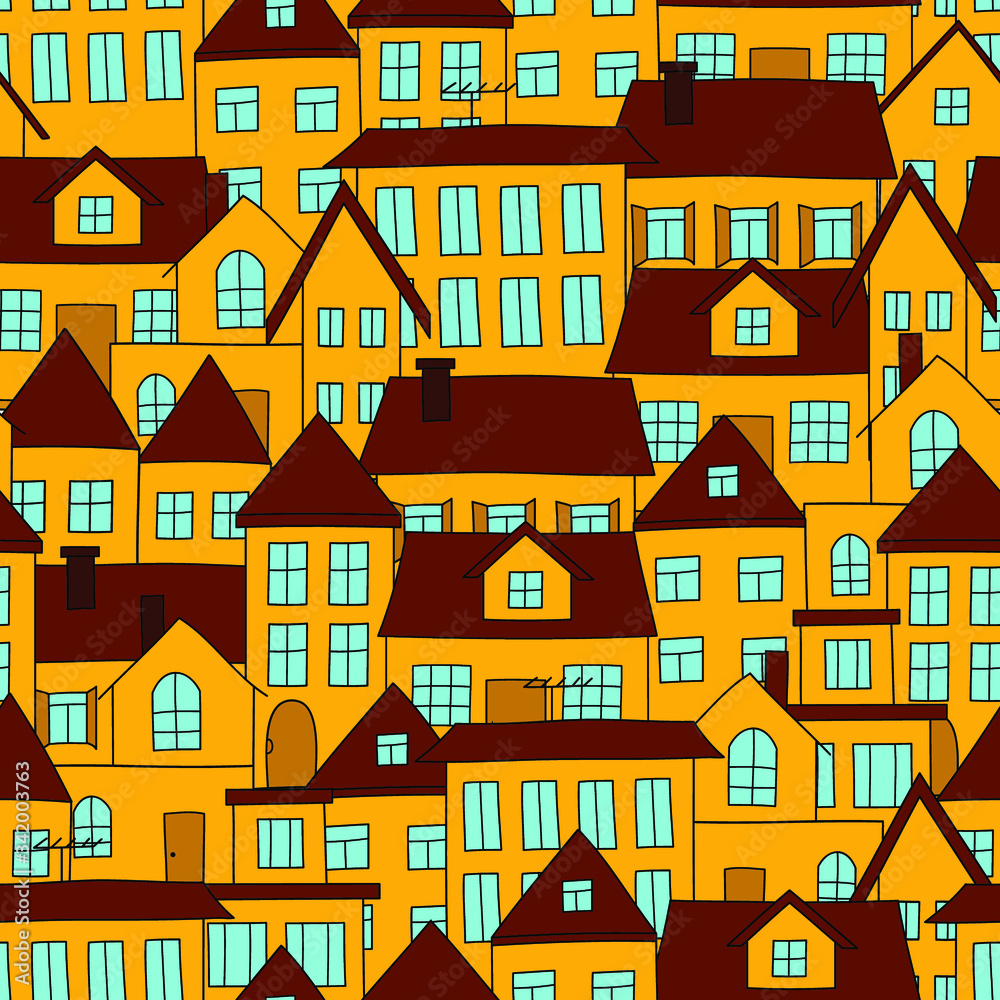 Yellow city: yellow houses standing tight. Bright seamless pattern, urban wallpaper print, wrapping texture design. Vector graphics.