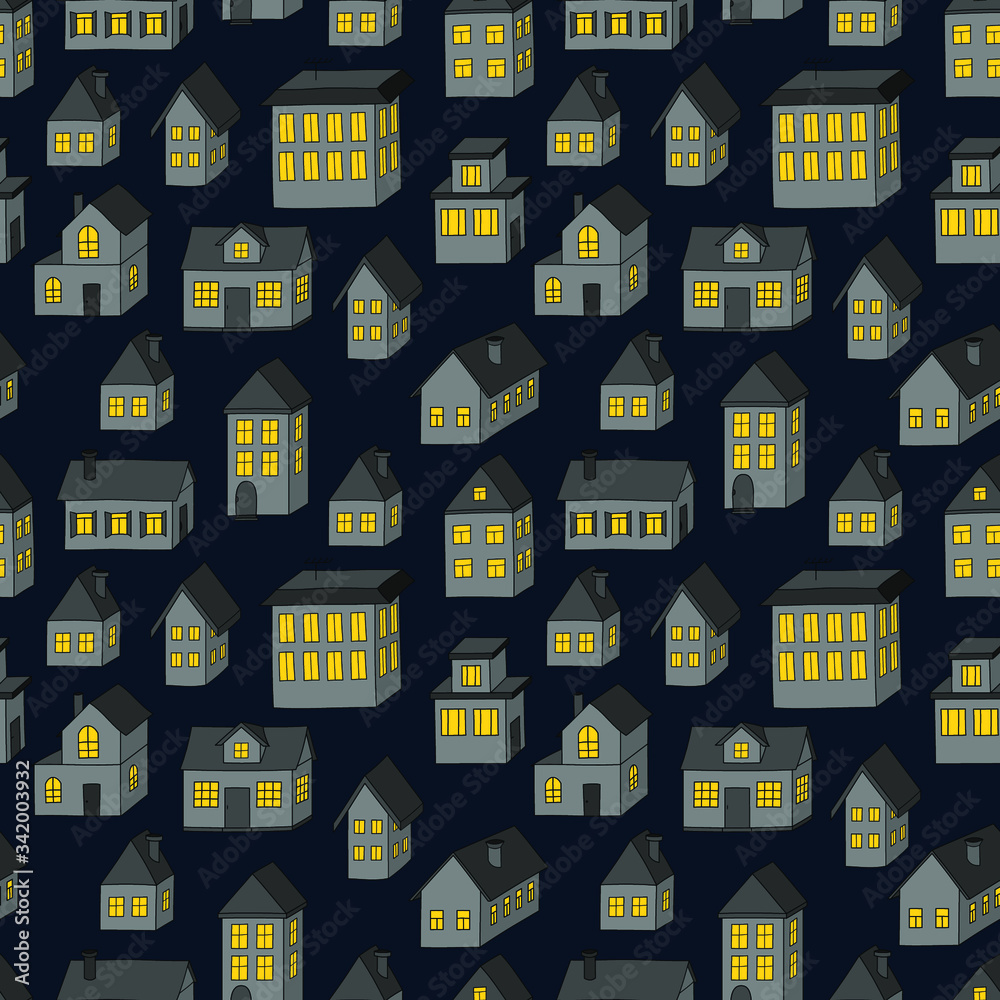 Evening houses with the light in windows on dark-blue background: night seamless pattern, urban wallpaper print, wrapping texture design. Vector graphics. - obrazy, fototapety, plakaty 