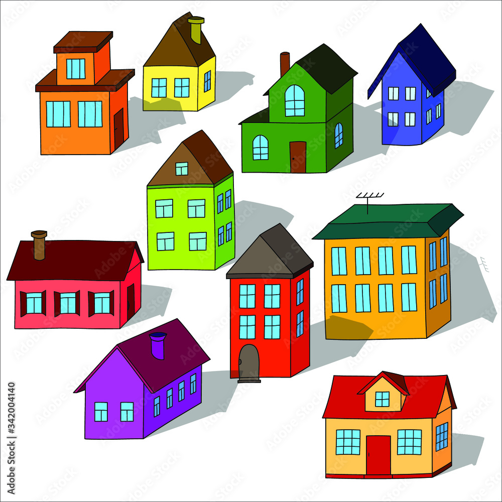 Set of ten 3d colorful illustrations of houses , isolated. Vector graphics.