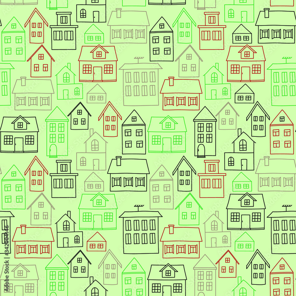 Green, red and grey houses on light-green background: architectural seamless pattern, urban wallpaper print, wrapping texture design. Vector graphics.