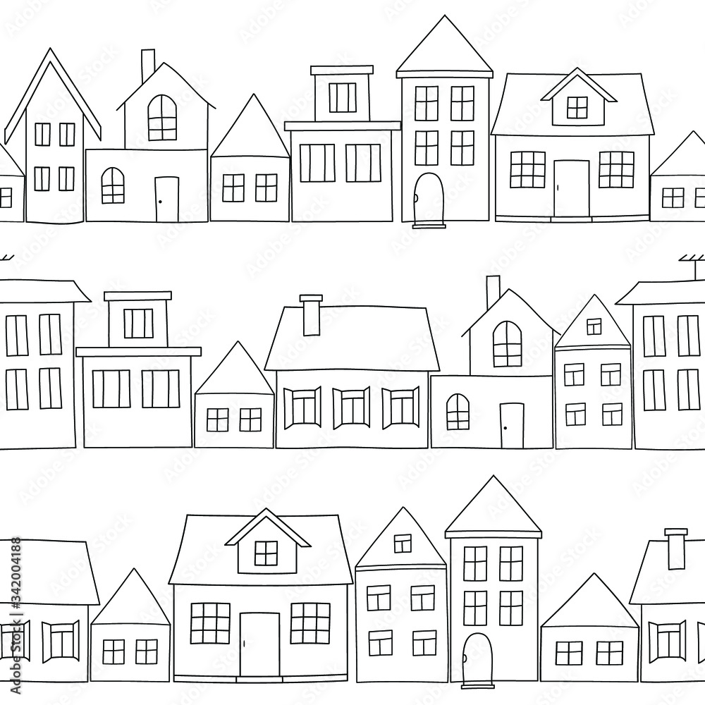 Lines of houses: black and white seamless pattern, urban wallpaper print, wrapping texture design. Vector graphics. Lines of houses: black and white seamless pattern, urban wallpaper print, wrapping texture design. Vector graphics.