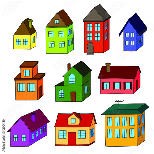 Ten colorful 3d houses illustrations, isolated. Vector graphics.