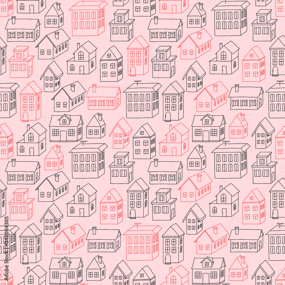 Red and black 3d houses' silhouettes on pink background: seamless pattern, urban wallpaper print, wrapping texture design. Vector graphics.