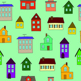 Colorful houses on light-green background: bright seamless pattern, urban wallpaper print, wrapping texture design. Vector graphics.