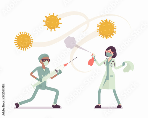Doctors, health care workers fighting against virus. Physicians, nurses on frontline against coronavirus with giant medical tools, professionals on infections. Vector flat style cartoon illustration