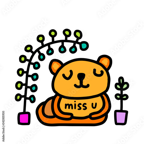 Miss you hand drawn vector illustration in cartoon comic style cute tiger animal sitting home