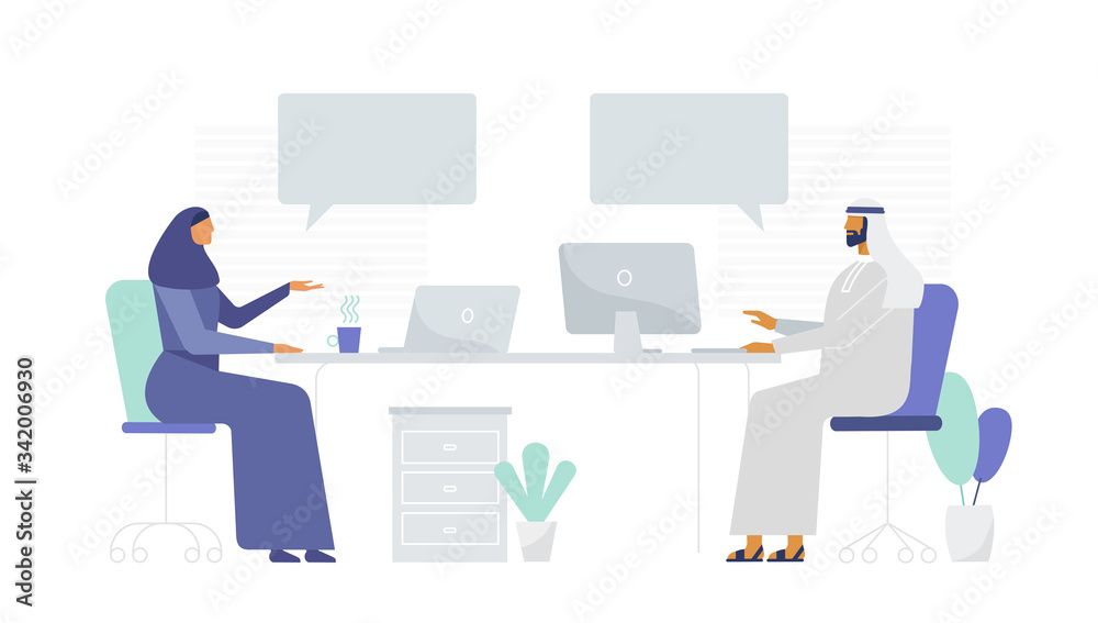 Arabs work in the office. Cartoon characters. Speech bubbles, place for text. Modern and comfortable office with windows and plants. Remote work, freelance. Vector illustration, flat design