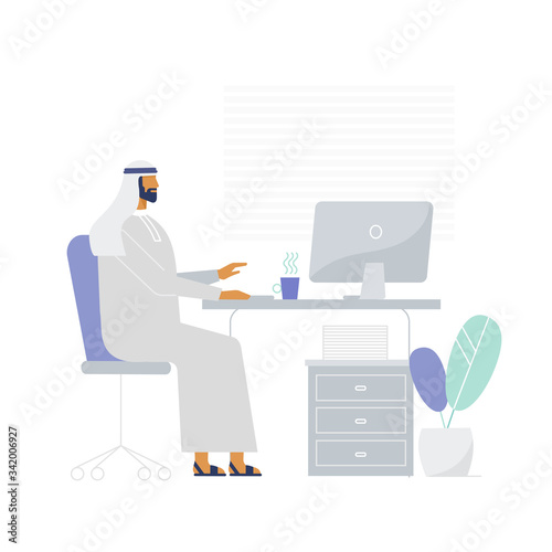 Arab man in kandura and gutra works in the office. Cartoon character - young adult businessman. Vector illustration in flat design, isolated on white background