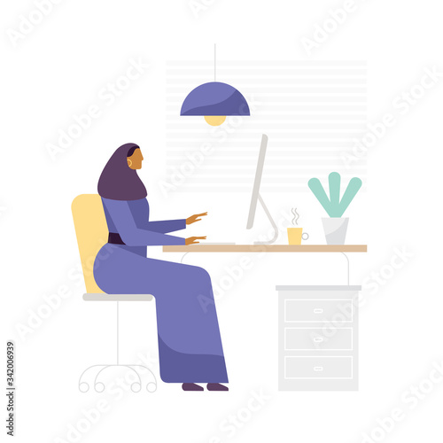Arab woman in abaya and hijab works in the office. Cartoon character - young adult businesswoman. Vector illustration in flat design, isolated on white background