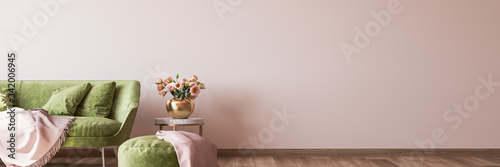 interior design for living area with stylish home accessories on bright pink background