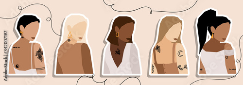 Set of Woman's Face minimalist collage abstract contemporary fashion in a modern trendy colors, vector illustration