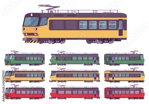 Electric passenger bright train set. Railway passenger-carrying suburban vehicle, railroad engine tourism service and train journeys. Vector flat style cartoon illustration, different views and colors