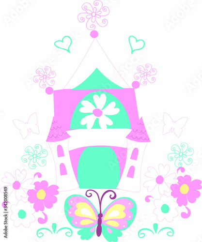 Illustration of hand painted sweet little girl princess house isolated on white perfect for print, packaging and all kinds of design.