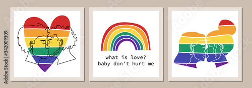Set of lgbt symbols as silhouettes of people and rainbow flag. Vector illustration