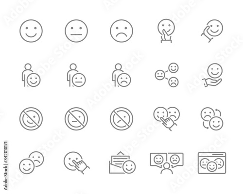 Set of emotion feedback line icons. Testimonials, smile, upset, emotionless face, positive and negative emotions and more.