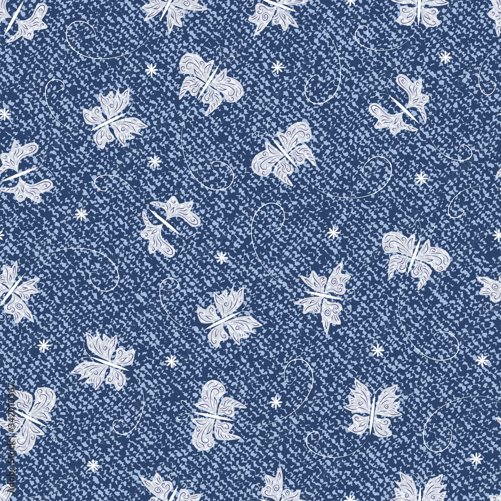 Vector Denim seamless pattern. Jeans background with Butterflies. Blue jeans cloth background
