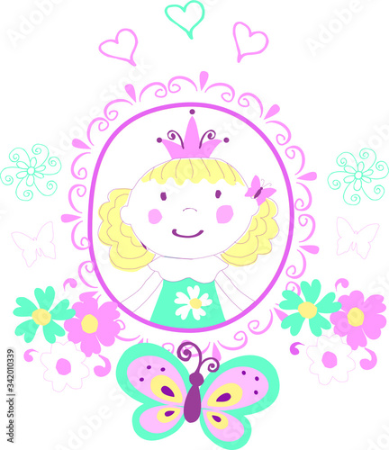 Illustration of hand painted cartoon cute little girl princess character isolated on white perfect for print, packaging and all kinds of design.