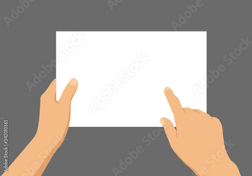 Flat design illustration of hand holding blank white paper with space for text. The index finger points to the desktop for the inscription, vector