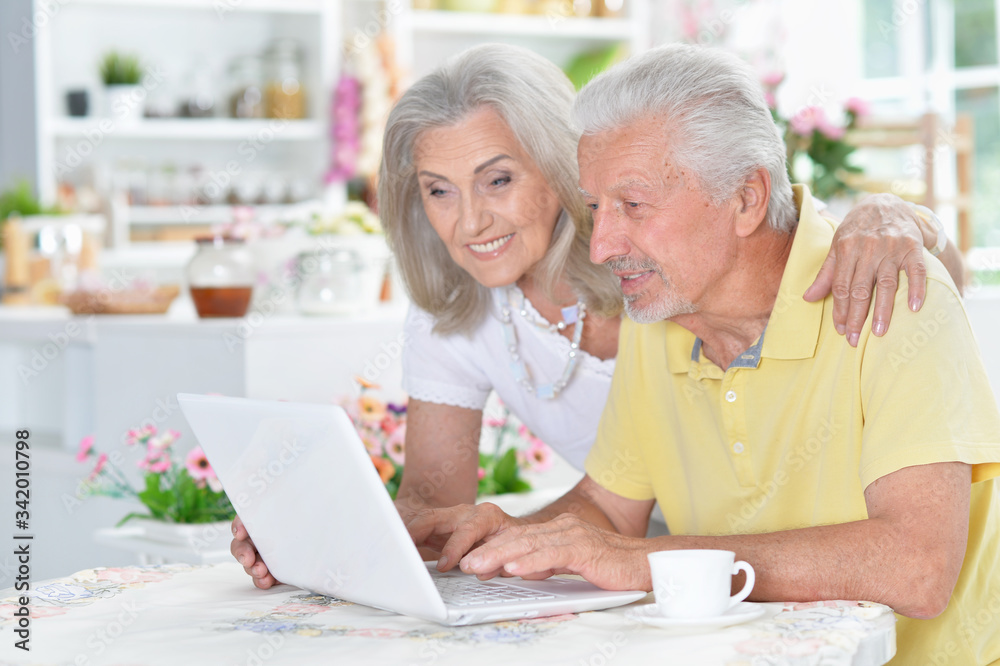 Portrait of senior couple using laptop at home Portrait of senior couple using laptop at home