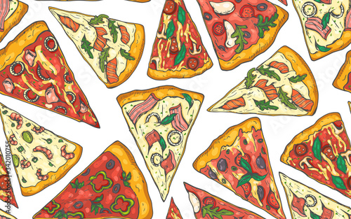 Seamless pattern with hand drawn slices of pizza