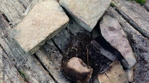 A burned-out campfire at a wooden planked underground. Old gray wooden plank inside the forest.