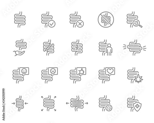 Set of human intestine line icon. Healthy internal organ, digestive tract illness, diagnosis, treatment and more.