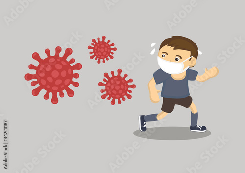 Man run away from coronavirus. Concept of coronavirus impact.