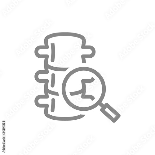 Spine with magnifying glass line icon. Backbone research, prevention of spine disease symbol