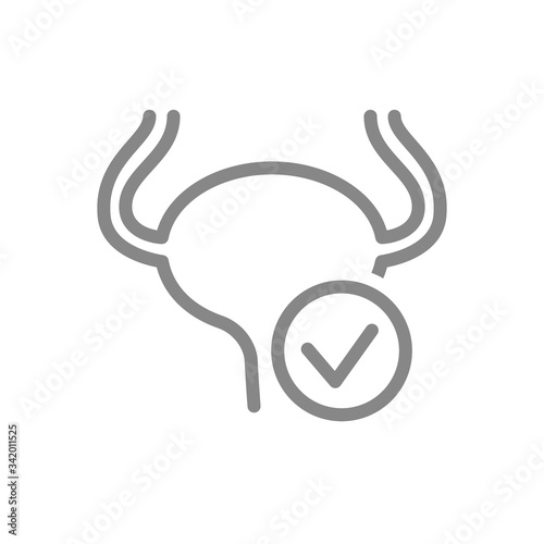 Urinary bladder with tick checkmark line icon. Healthy internal organ symbol