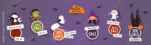 Halloween sale, discounts set of round banners with cute witch, vampire, ghost, zombie, mummy, bats. Isolated vector clip art with Halloween characters for festive sale design