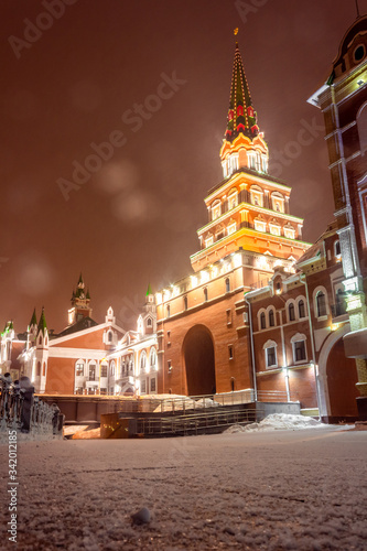 Russia, Yoshkar-Ola night view of the illuminated Spassky tower.