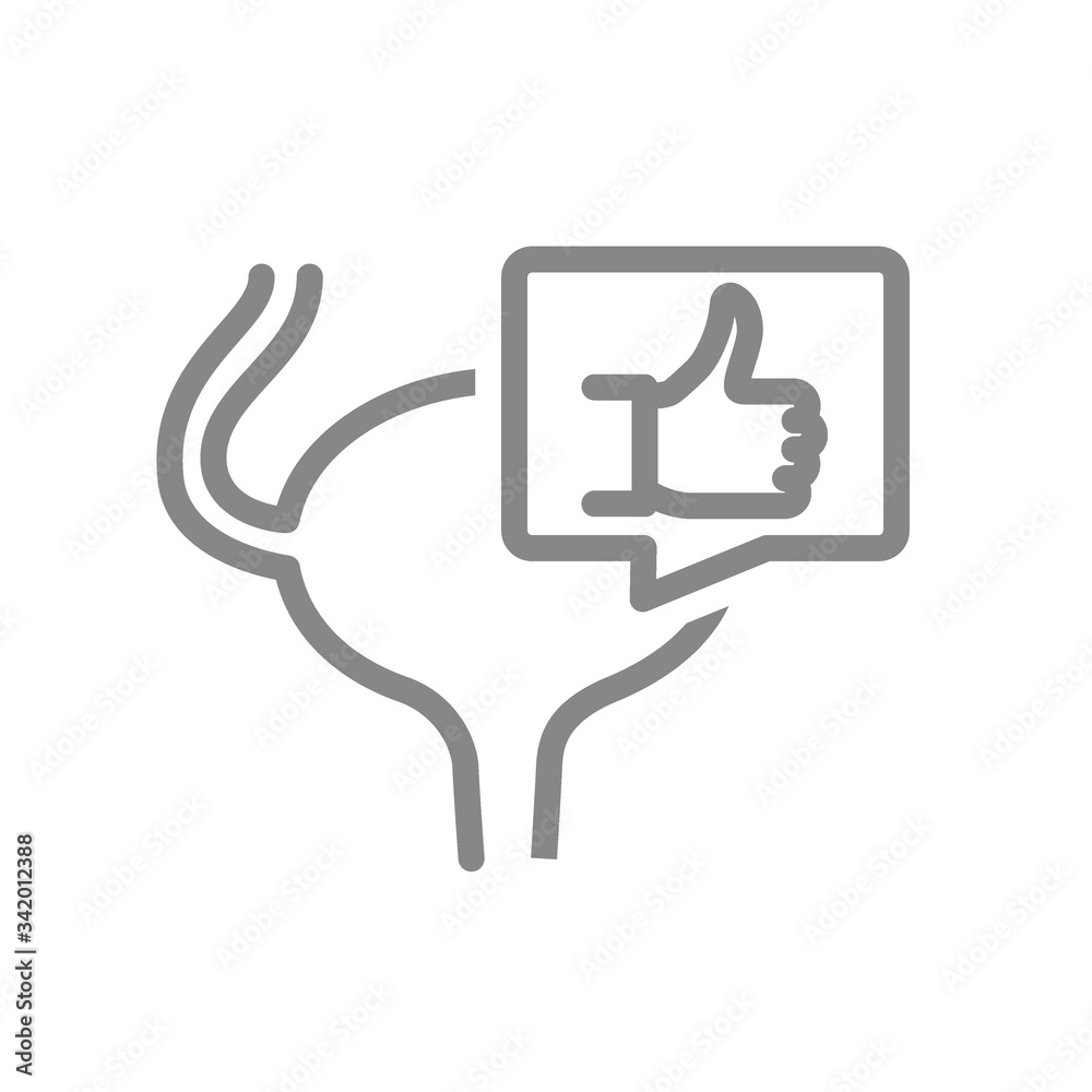 Urinary bladder with thumb up gesture in speech bubble line icon. Healthy organ of excretory system symbol