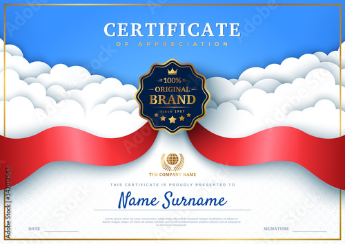 Certificate of appreciation template with white paper cut clouds, red award ribbon and quality badge. Vector illustration. Place for text